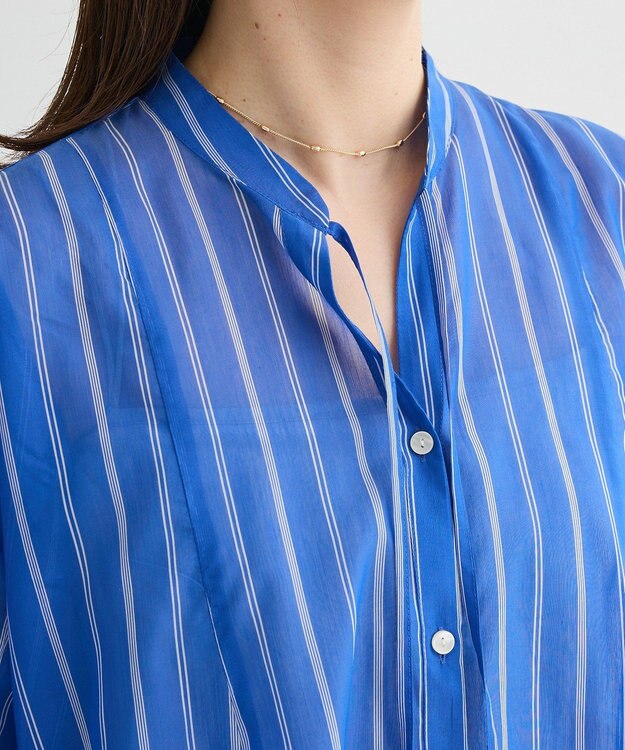 Green Parks フレアラインスキッパーブラウス Stripe Sax