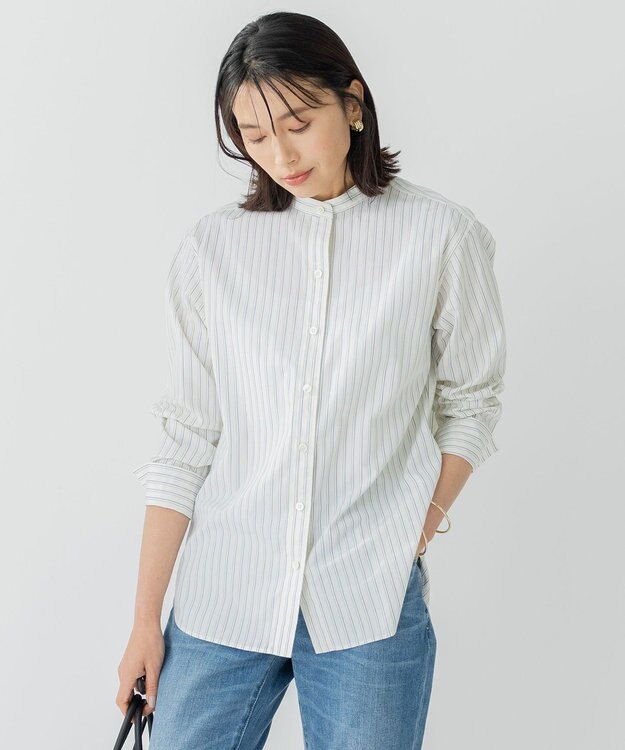 23区 【洗える】CANCLINI バンドカラー シャツ ホワイト×マリンブルーストライプ