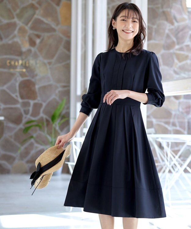 Tiaclasse L 【セレモニー・XSサイズ(5号)追加・新色追加・洗える】キーネックフレアワンピース ネイビー