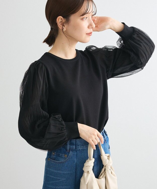 Green Parks 袖チュールマジョリカドッキングニットプルオーバー Black