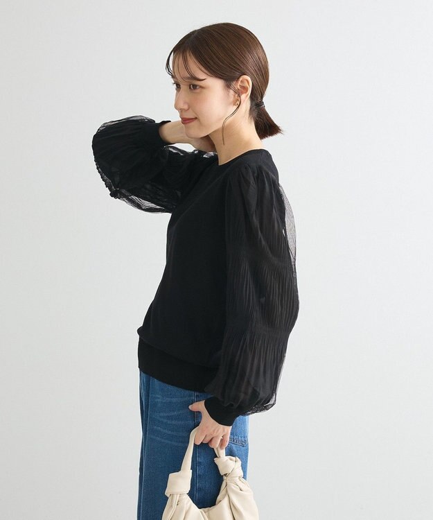 Green Parks 袖チュールマジョリカドッキングニットプルオーバー Black