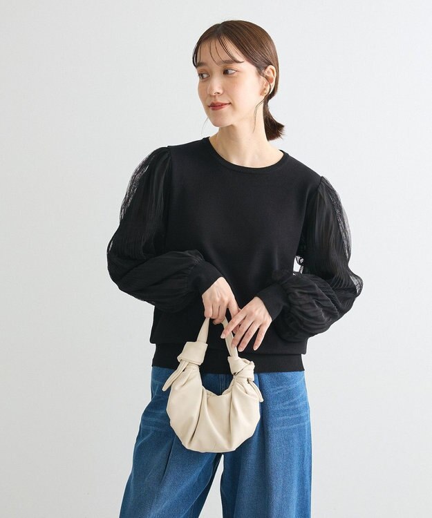 Green Parks 袖チュールマジョリカドッキングニットプルオーバー Black