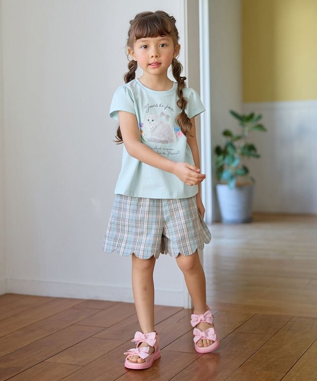 ANY KIDS 裾 スカラップ ショートパンツ ミント系チェック