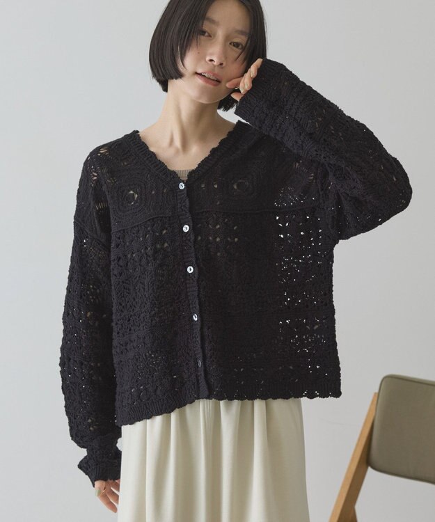 AMERICAN HOLIC 【前後2WAY】レース透かし編みニットカーディガン Black
