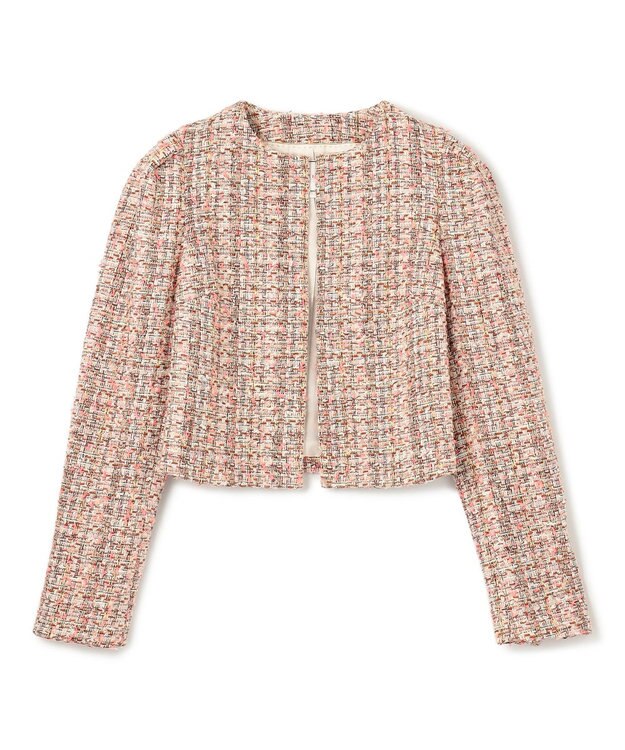 BEIGE， TEASEL / ノーカラーツイードショートジャケット PINK MIX
