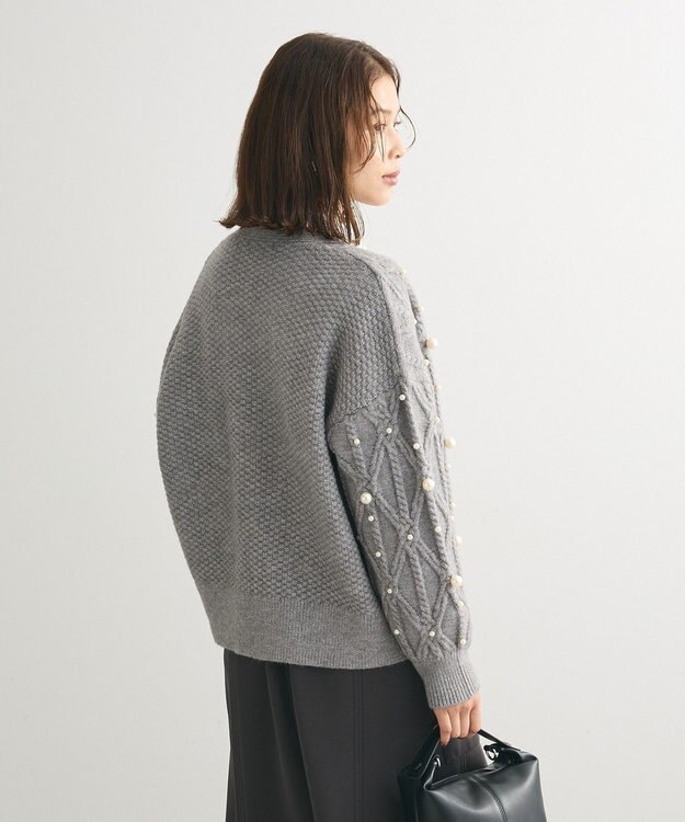 Green Parks パール付ケーブルニットカーディガン Gray Mixture