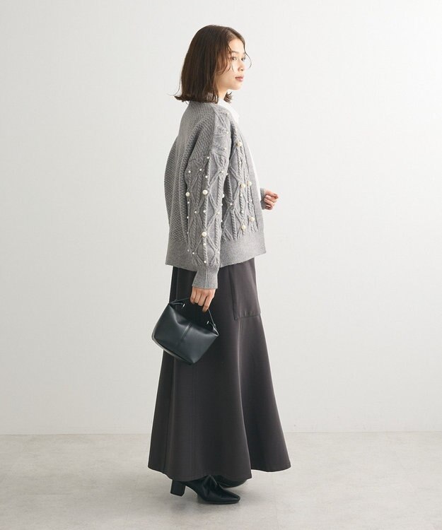 Green Parks パール付ケーブルニットカーディガン Gray Mixture