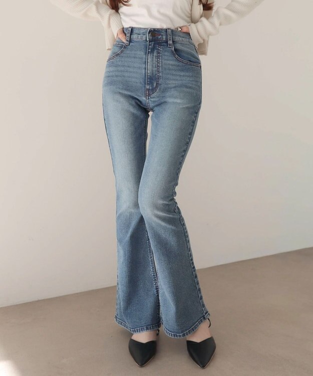 WEGO 【美脚パンツ】ストレッチフレアデニムパンツ デニム中濃色