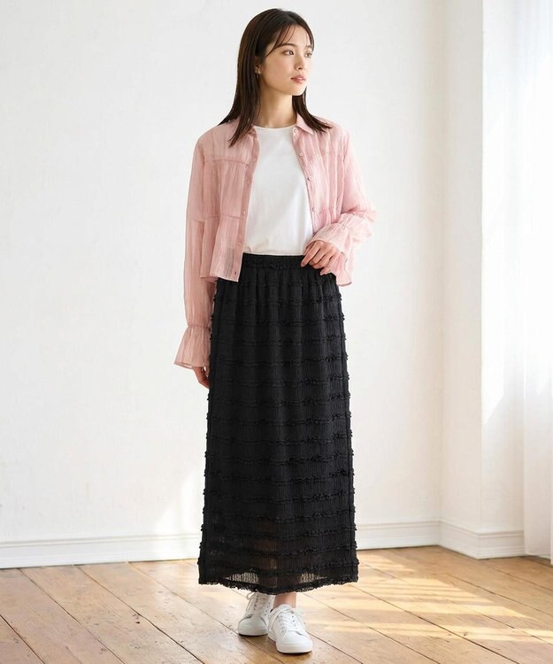 Feroux 【洗える】シャーリングシアー シャツ ピンク系