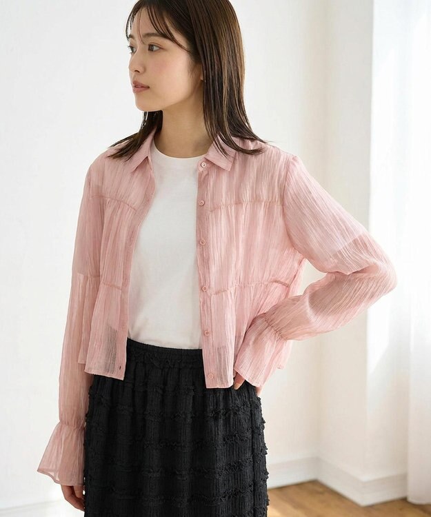 Feroux 【洗える】シャーリングシアー シャツ ピンク系