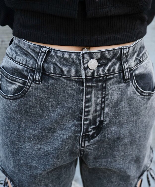 WEGO カットアウトリボンストレッチデニムフレアパンツ デニムブラックソノタ