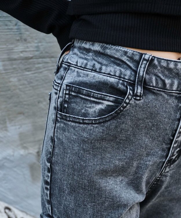 WEGO カットアウトリボンストレッチデニムフレアパンツ デニムブラックソノタ