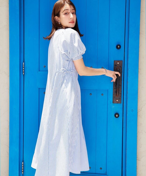Tiaclasse 【洗える】バルーンスリーブサイドギャザーワンピース ブルーストライプ