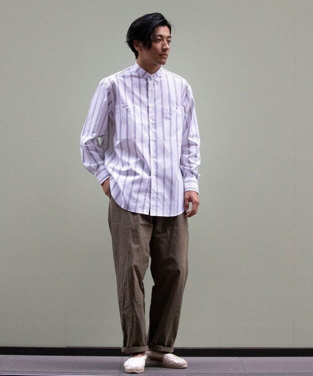 KASHIYAMA GIZA 100/2 バンドカラーシャツ ネイビーレールストライプ