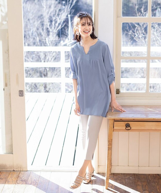 Tiaclasse 【洗える】美脚効果の高いスリットテーパードパンツ グレージュ