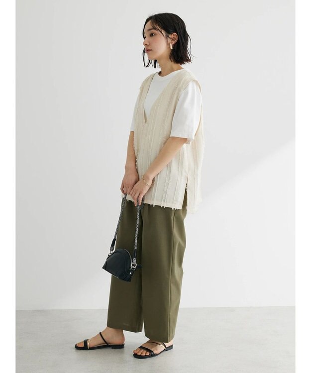 Green Parks 綿麻混タックストレートワイドパンツ Khaki