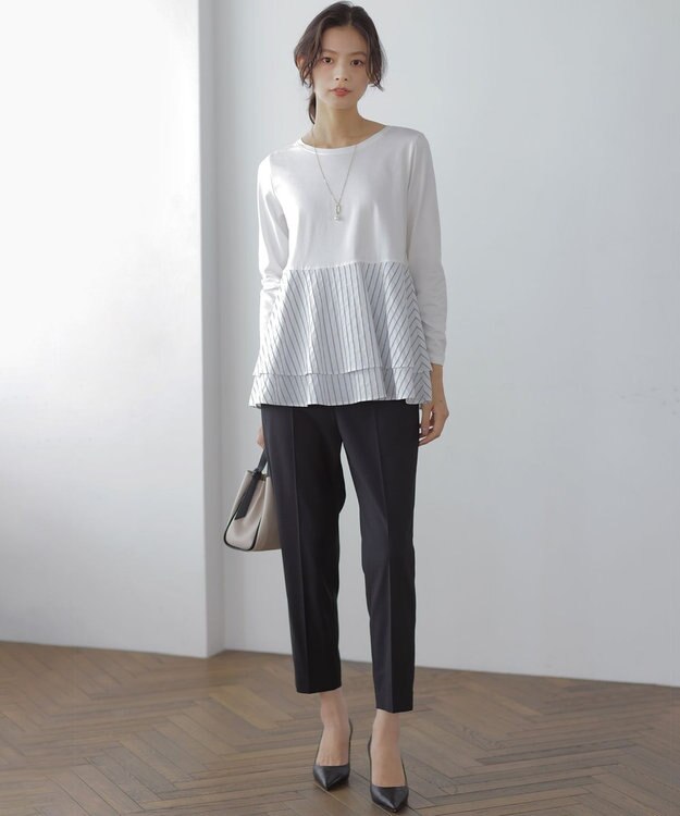 組曲 S シャツコンビティアード ロングＴシャツ アイボリー×ストライプ系1