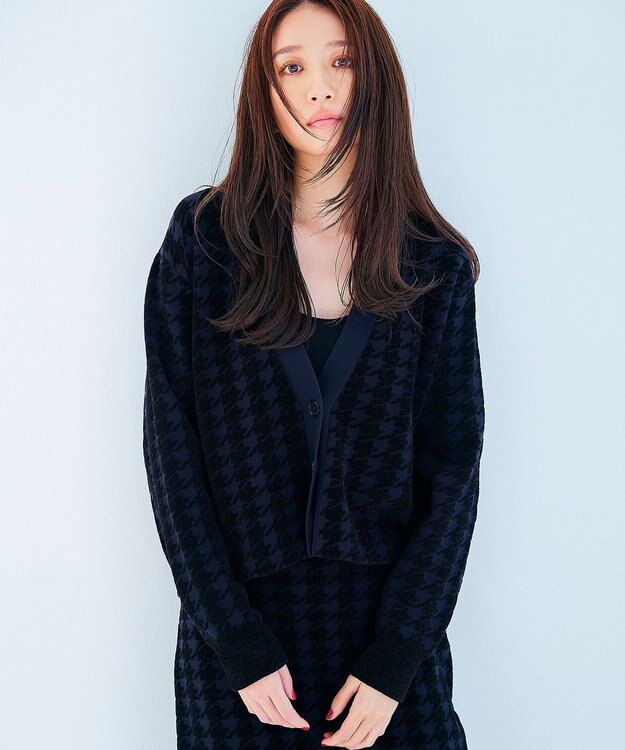 ICB L 【洗える】ハウンドトゥースパターン Vネックカーディガン ネイビー系
