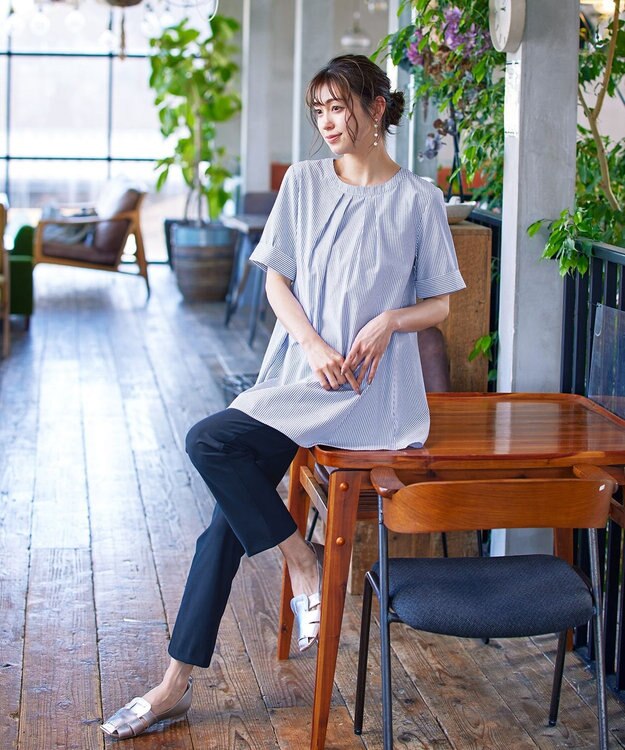 Tiaclasse L 【洗える】バックピンタックフレアチュニックブラウス ネイビーストライプ