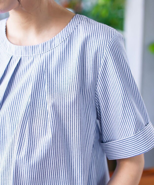 Tiaclasse L 【洗える】バックピンタックフレアチュニックブラウス ネイビーストライプ