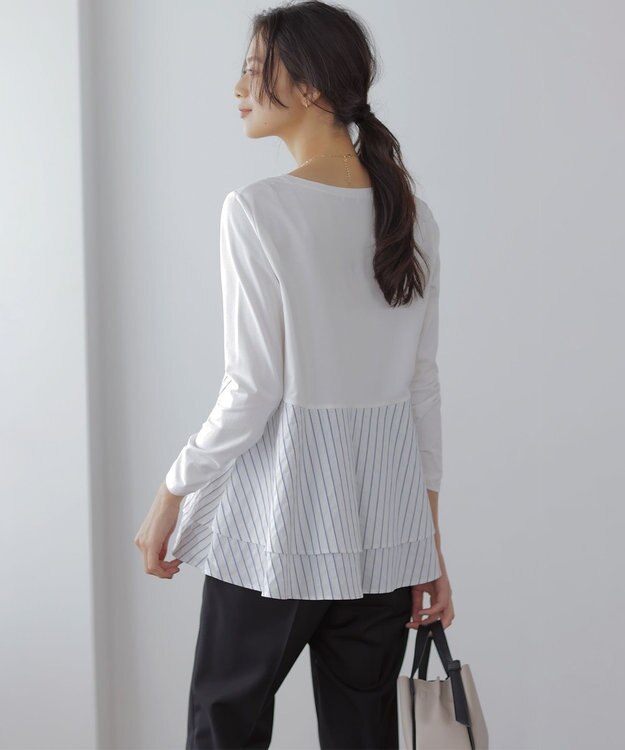 組曲 S シャツコンビティアード ロングＴシャツ アイボリー×ストライプ系1