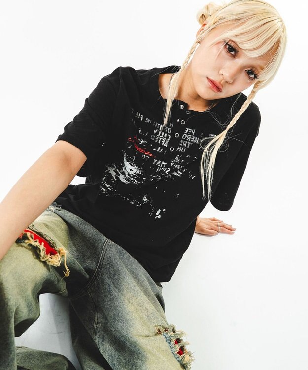 WEGO 【ユニセックス着用ITEM】アイレットスラブヘンリーネックT（SS） ブラック
