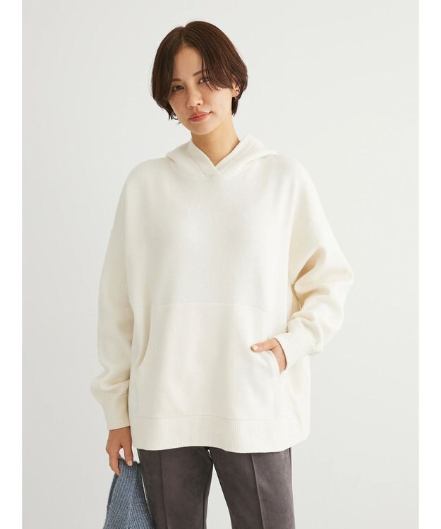 Green Parks スウェット風フード付ニットプルオーバー Ivory