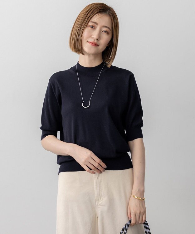 23区 S 【洗える】サステナブルウール モックネック 5分袖 ニット ネイビー系