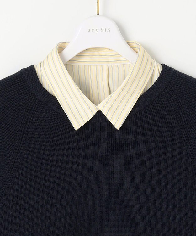 ANY SIS 【BAILA12月号掲載・貴島明日香さんコラボ】ニットレイヤード シャツ ツインセット ネイビー×イエローストライプ
