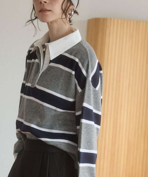 WEGO 【ANGIE VINTAGE】シャツ襟 ドッキング　フェイクレイヤード ニット トップス グレーボーダー