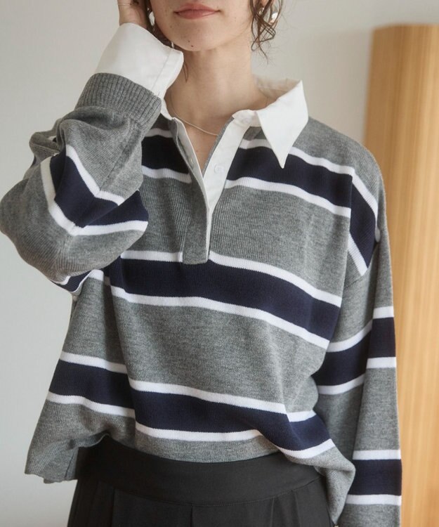 WEGO 【ANGIE VINTAGE】シャツ襟 ドッキング　フェイクレイヤード ニット トップス グレーボーダー