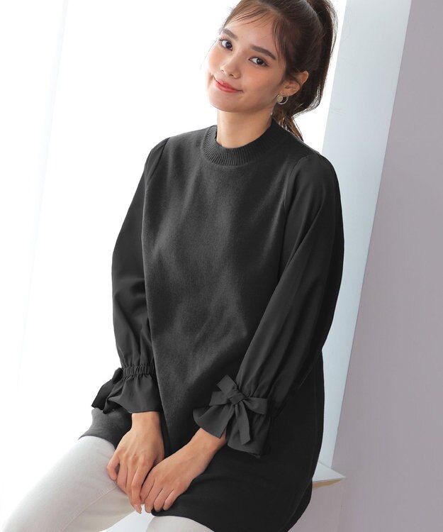 Tiaclasse L 【洗える】ボリュームリボン袖ニットコンビチュニック ブラック
