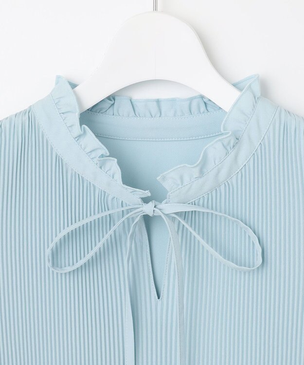 Feroux 【洗える】プリーツコンビ半袖 ブラウス スカイブルー系