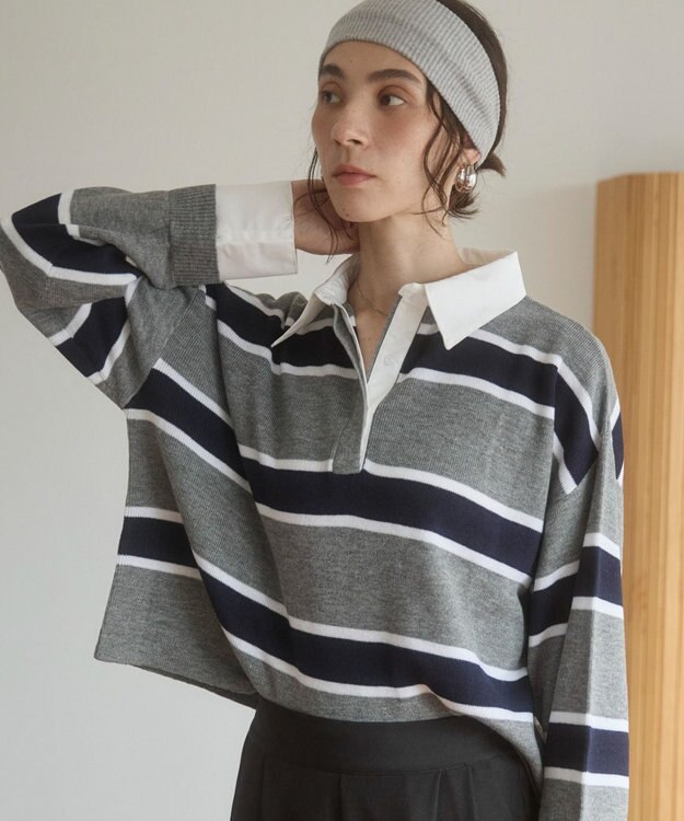 WEGO 【ANGIE VINTAGE】シャツ襟 ドッキング　フェイクレイヤード ニット トップス グレーボーダー