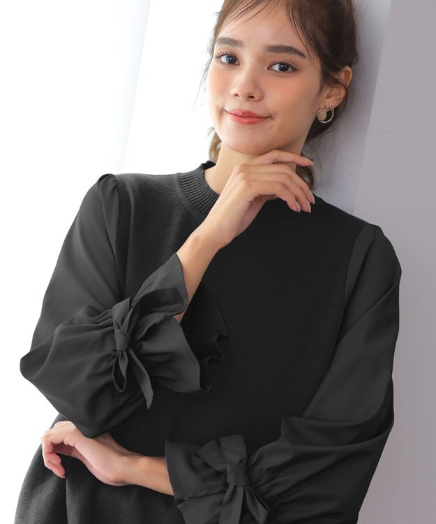Tiaclasse L 【洗える】ボリュームリボン袖ニットコンビチュニック ブラック