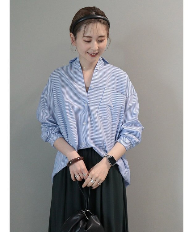 AMERICAN HOLIC ＵＶカット加工バックタックシャツチュニック Stripe Sax