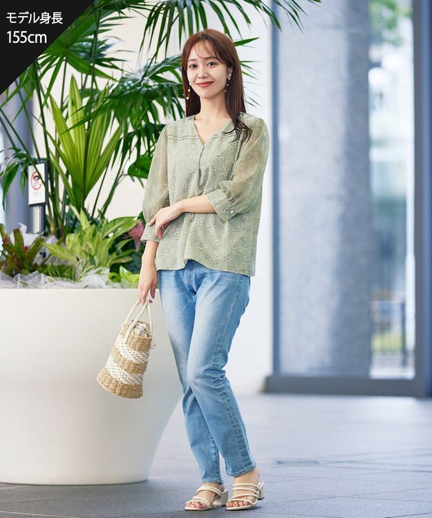 Tiaclasse L 【洗える】花柄Vネックブラウス グリーン
