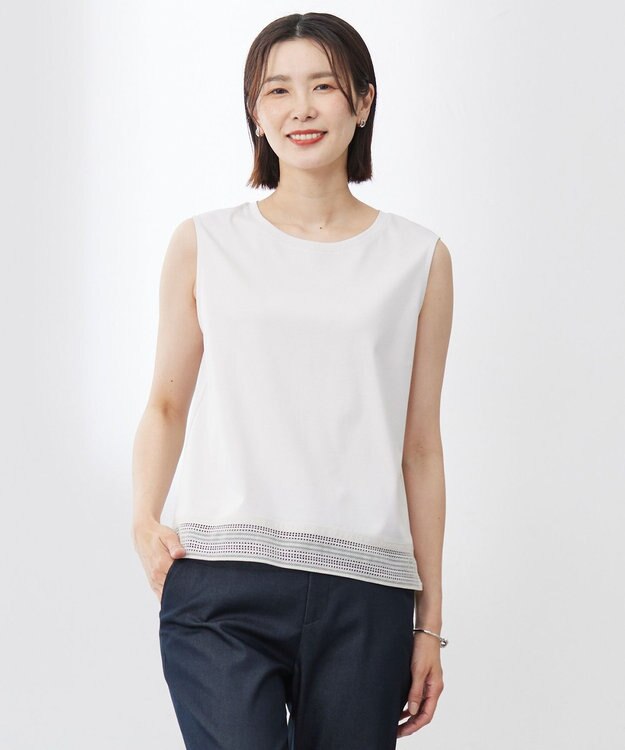 J.PRESS LADIES L 【人気のため追加・洗える】ノースリーブスムースジャージー レース カットソー グレージュ系