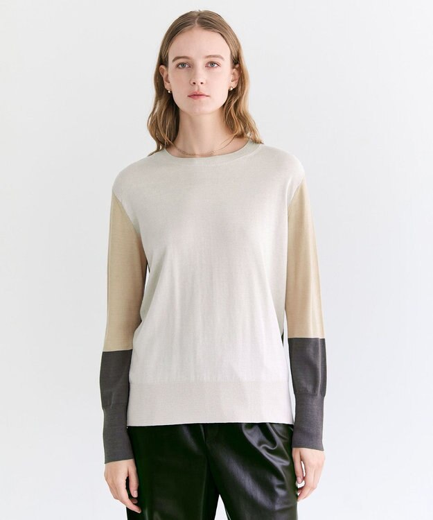 BEIGE， CHLOR / ウールシルク配色クルーネックニット Ecru