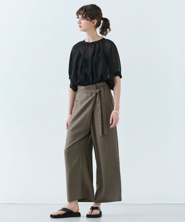 BEIGE， 【洗える】CAROLE / リネンライクラップワイドパンツ Mocha