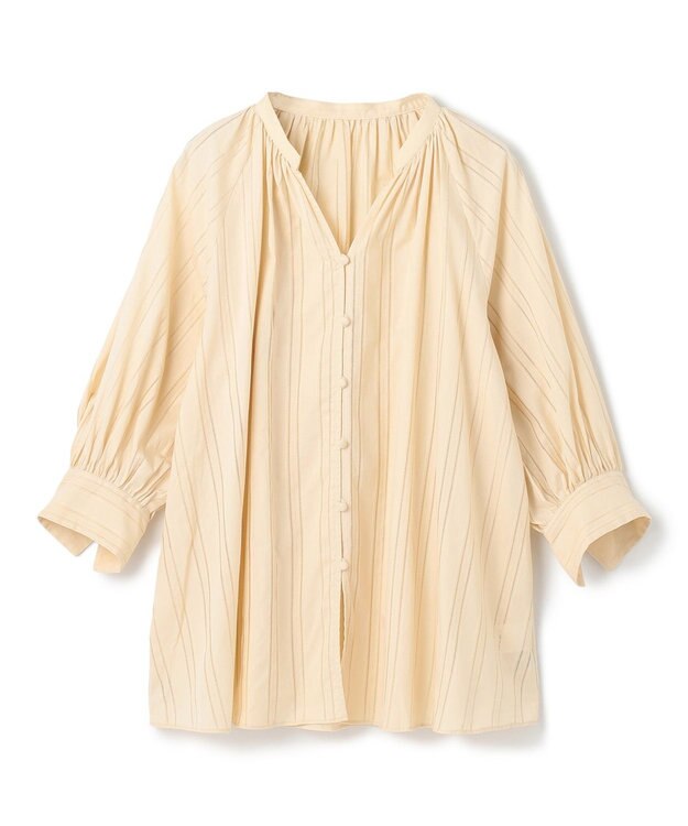 UNFILO ストライプレース ギャザーブラウス ライトイエロー