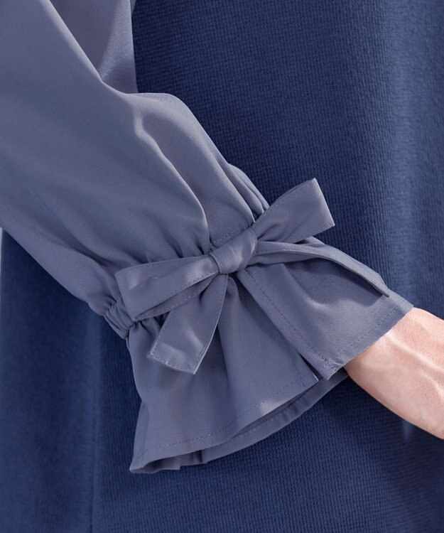 Tiaclasse L 【洗える】ボリュームリボン袖ニットコンビチュニック ブルー