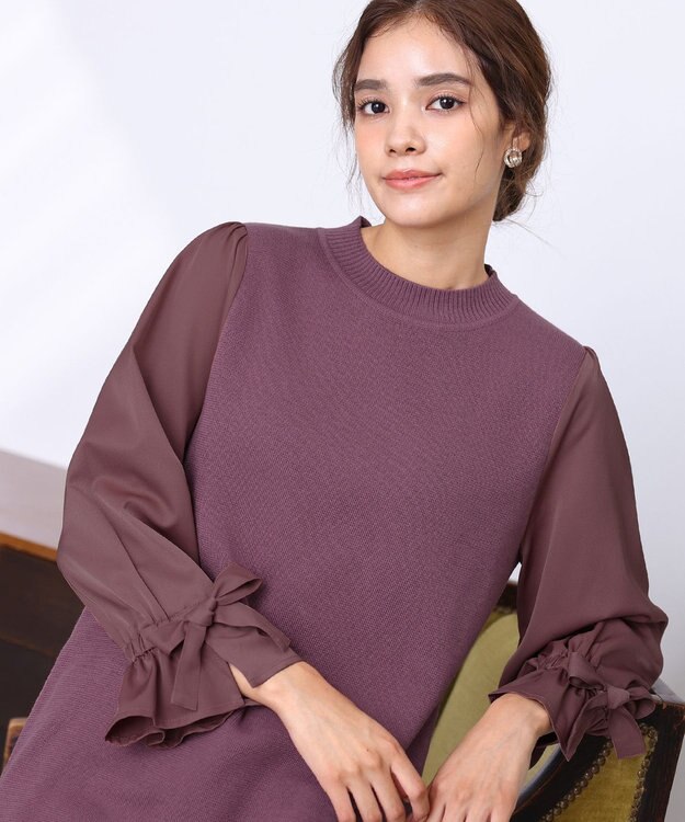 Tiaclasse L 【洗える】ボリュームリボン袖ニットコンビチュニック ピンク