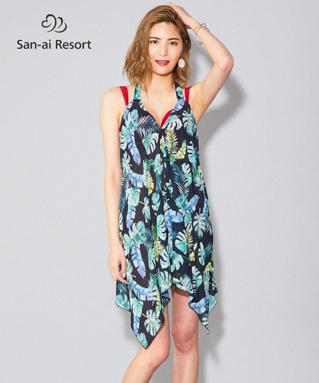 San-ai Resort（三愛水着楽園） 【SALE】【San-ai Resort】リーフ柄 パレオワンピース M ブラック
