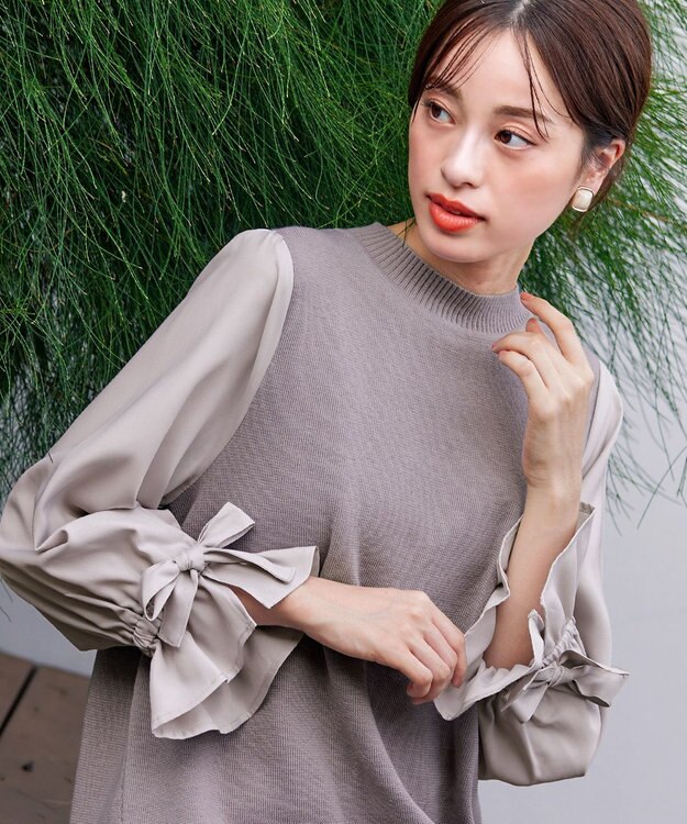 Tiaclasse L 【洗える】ボリュームリボン袖ニットコンビチュニック グレージュ
