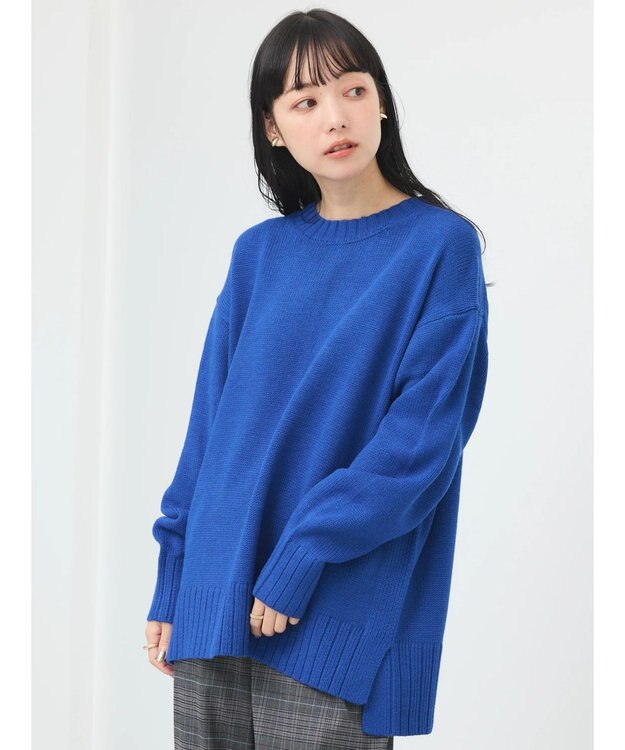 earth music&ecology ウォッシャブル脇スリットクルーネックプルオーバー Blue