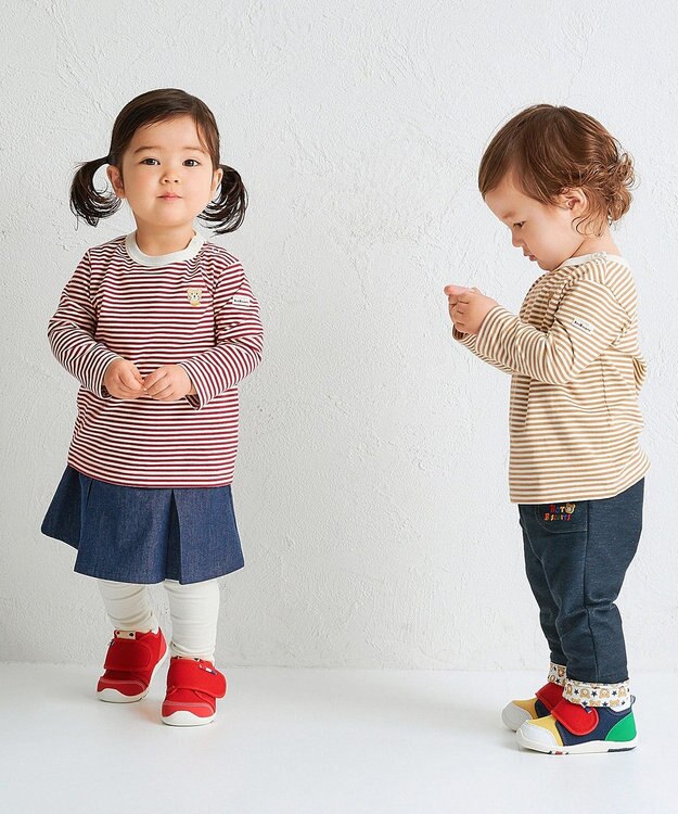 MIKI HOUSE HOT BISCUITS 【70-120cm】【Everyday Series】ワンポイント ボーダー長袖Tシャツ ワインレッド