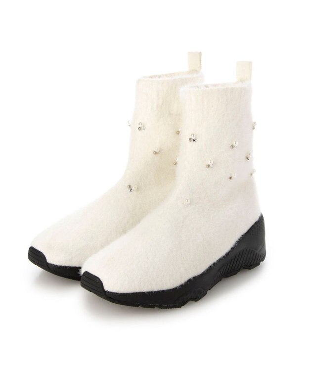 MODE ET JACOMO <carino>ビジュー付きニットブーツ ホワイト