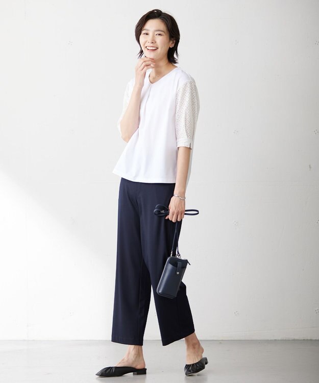 J.PRESS LADIES S 【吸水速乾】レーシーコンビ Vネック カットソー ホワイト系