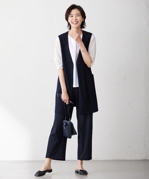 J.PRESS LADIES S 【吸水速乾】レーシーコンビ Vネック カットソー ホワイト系